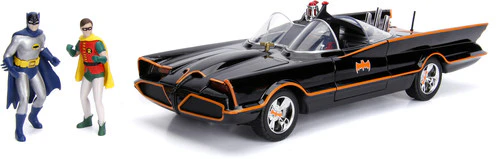 Jada Toys - DC Comics Classic TV Series Batmobile Die-cast Car, 1:18 Scale Vehicle & 3 Batman & Robin Collectible Figurine