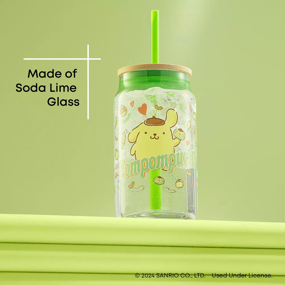 JoyJolt Sanrio Hello Kitty and Friends Pompompurin Favorite Flavor Glass Tumbler with Bamboo Lid and Straw - Image 3