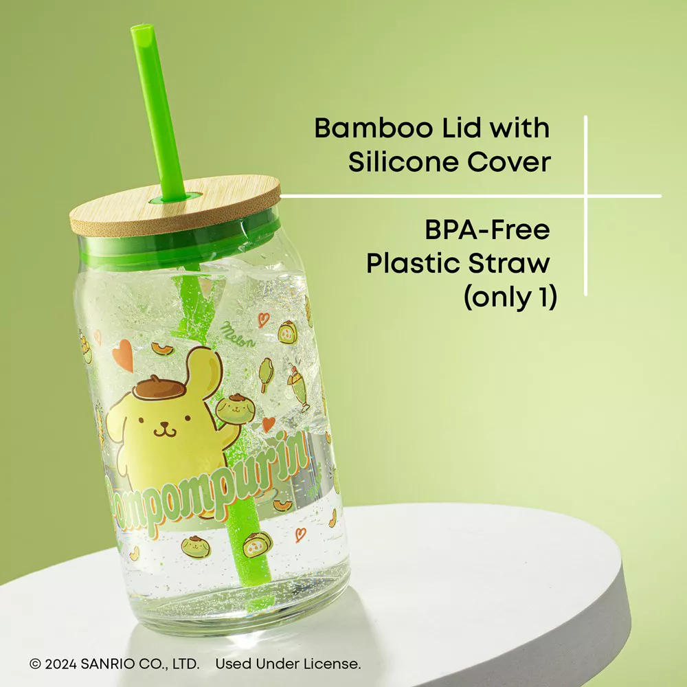 JoyJolt Sanrio Hello Kitty and Friends Pompompurin Favorite Flavor Glass Tumbler with Bamboo Lid and Straw - Image 4